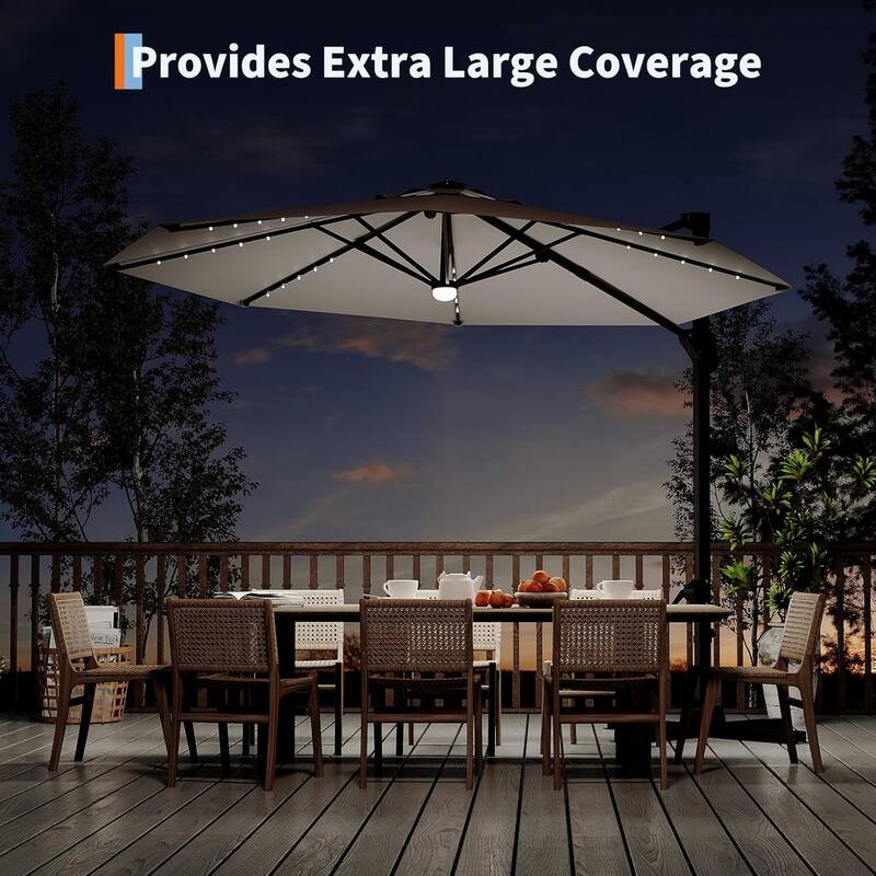 10FT Cantilever Patio Umbrella with Solar Lights, 360° Rotation Offset Umbrella