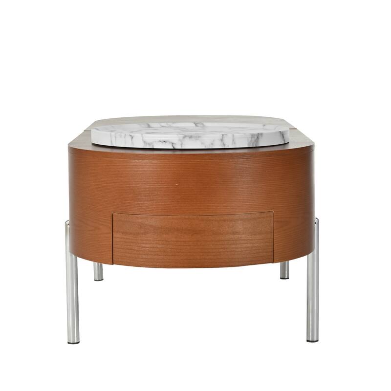 47.2" Lift Top Coffee Table with 360° Rotating Tray - Marble-Patterned Modern Oval Table with Hidden Compartment for Living Room
