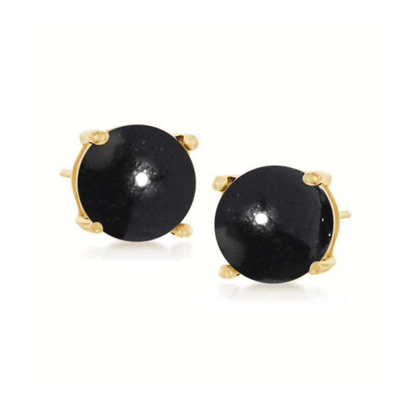 18K Yellow Over Sterling Silver 8mm Round Genuine Gemstone Stud Earrings - Black - Onyx