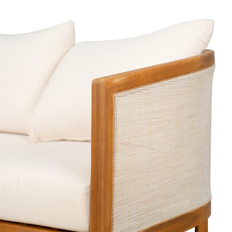 Roomfitters Outdoor Acacia Wood 3 Seater Sofa with Cushions, Patio Lounge Furniture, Beige