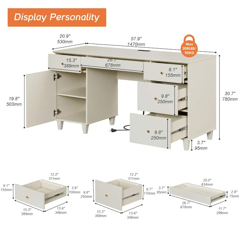 58" Wooden Vanity Desk with Storage Cabinet and Charging Station for Girls, Vanity Dressing Table for Bedroom