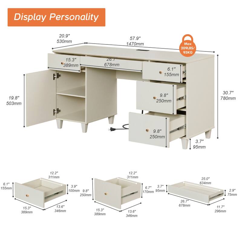 WAMPAT Home Office Furniture Set, 58" Executive Desk with Cabinet, 71" Tall Bookcase with Doors and Adjustable Shelves