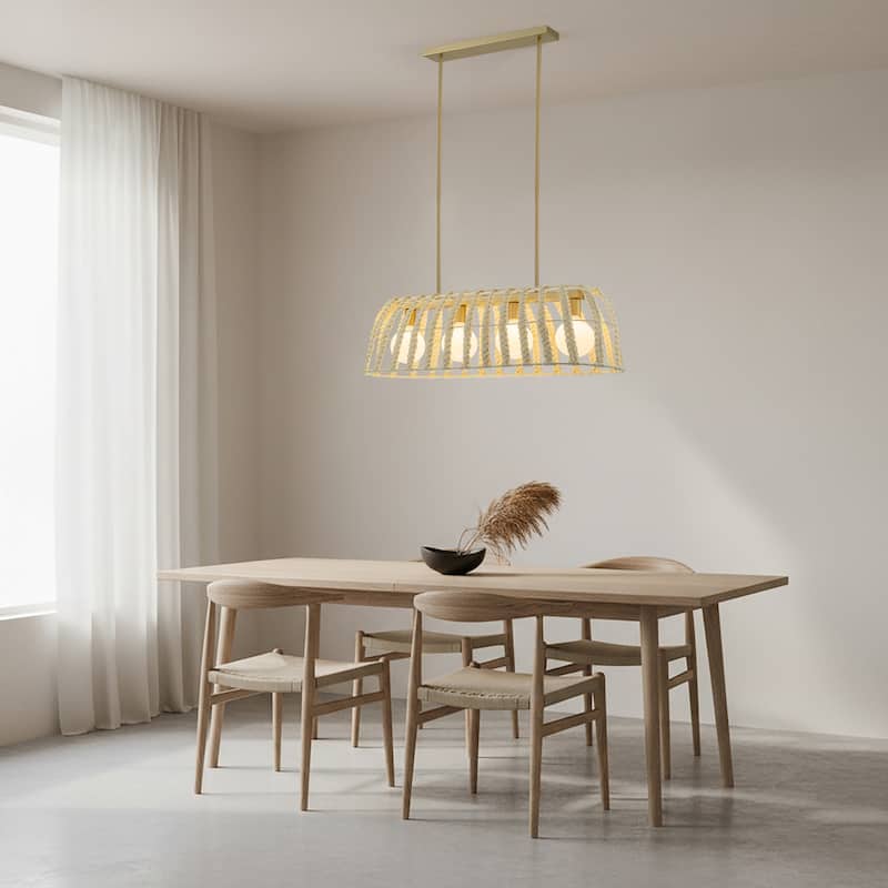 Roka 4-Light Rattan Linear Pendant, Coastal Boho - Handwoven - 38" Wide
