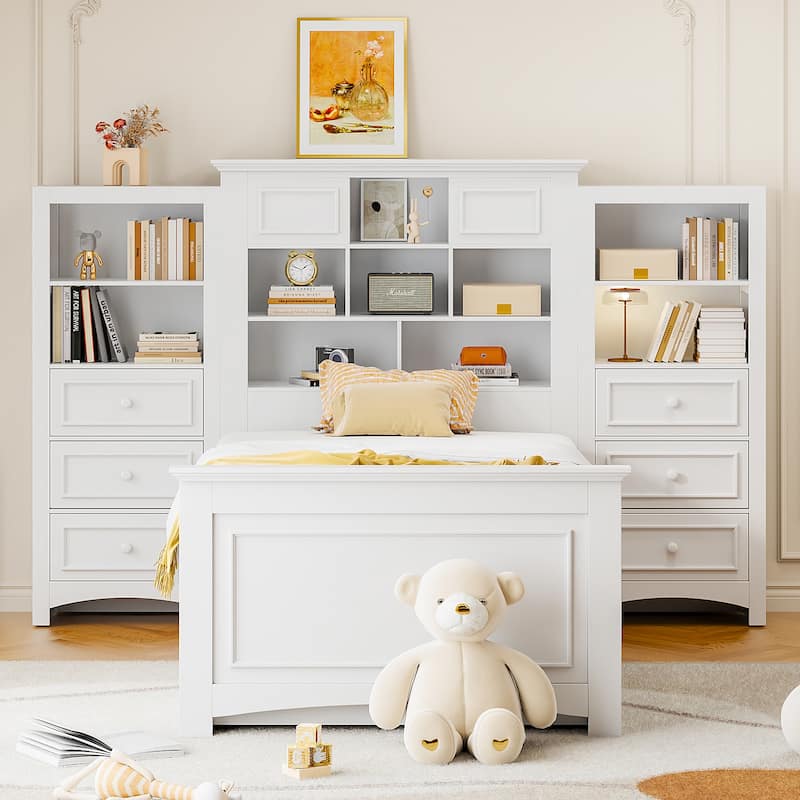 Twin Wood Bed with Cabinets and Drawers