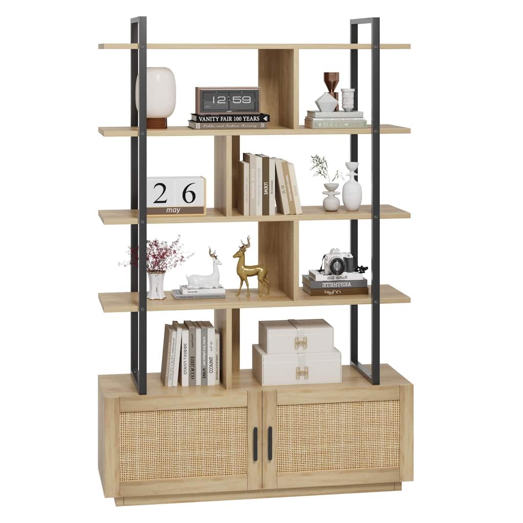 5 Tier Rattan Bookshelf with Storage Cabinet & Door