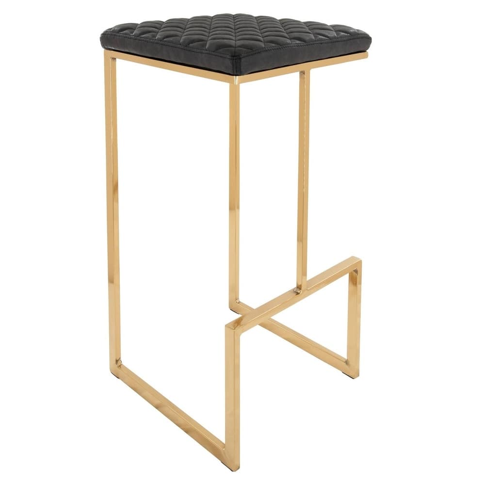 Quincy Modern Leather Barstool with Upholstered Square Seats in Gold Metal & Footrest for Home Bar & Kitchen Counter
