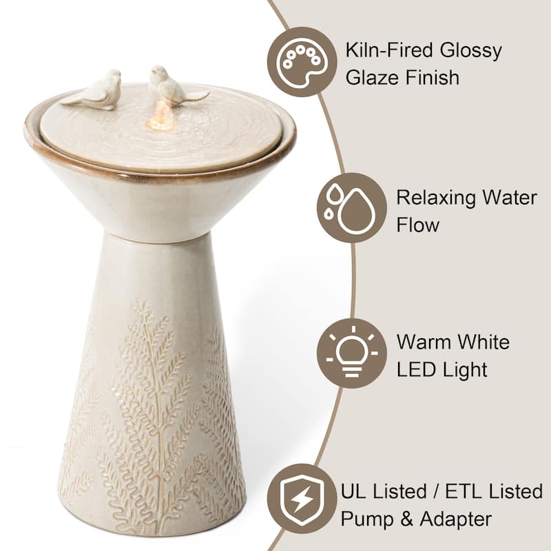 Glitzhome 27.5"H Two Birds Embossed Ceramic LED Birdbath Patio Outdoor Fountain