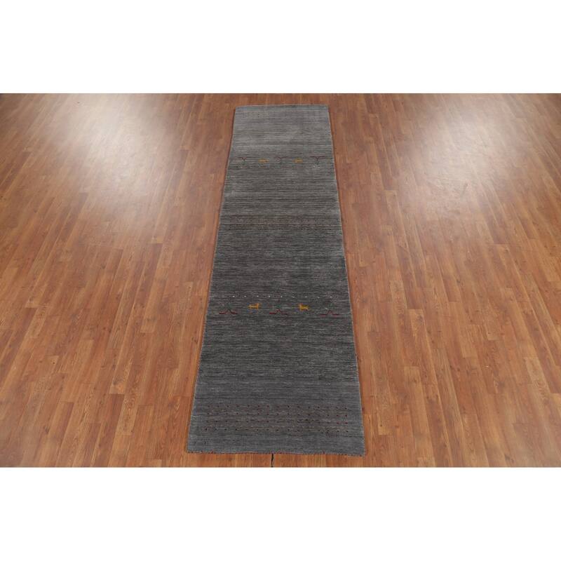 Gray Gabbeh Runner Rug Hand-Knotted Wool Carpet - 2'8"x 9'6"