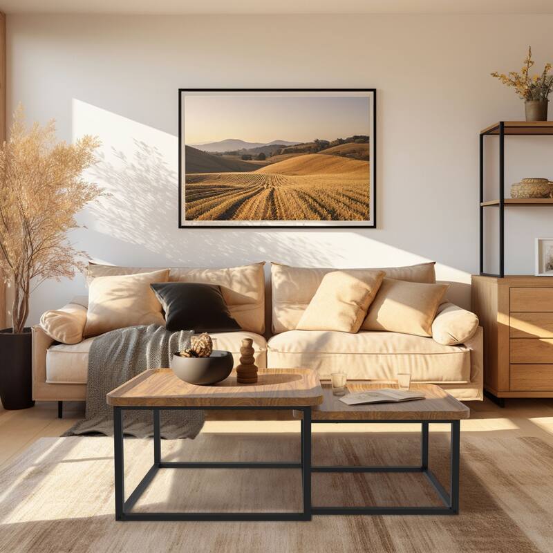 Square Nesting Coffee Table Set of 2 Wood Metal Stacking Side Table - 22"x22"x18" - Brown