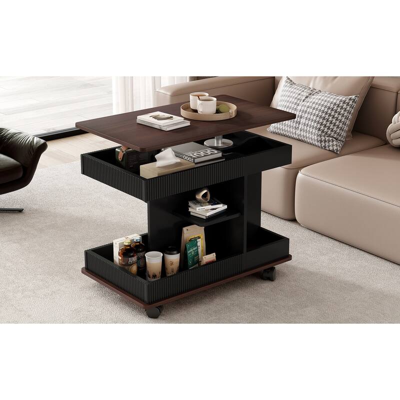 Lift-Top End Table with Rotating Top, Mobile Side Table Coffee Table with Storage, Sofa Table with Adjustable Height