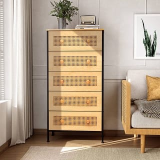 5-Drawer Closet Dresser Chest PE Rattan Storage Tower Organizer Cabinet