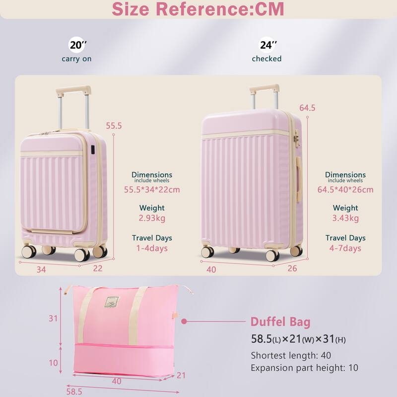 3-Piece Modern Front-Opening Luggage Expandable Luggage with USB Port, Spinner Wheels and TSA Lock, for Boarding Travel
