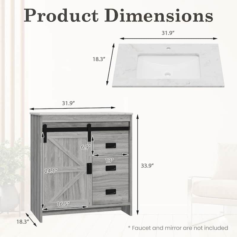 EROMMY Farmhouse Bathroom Vanity with Ceramic Top and Sliding Barn Door Sink Cabinet, Rustic Single Sink Vanity