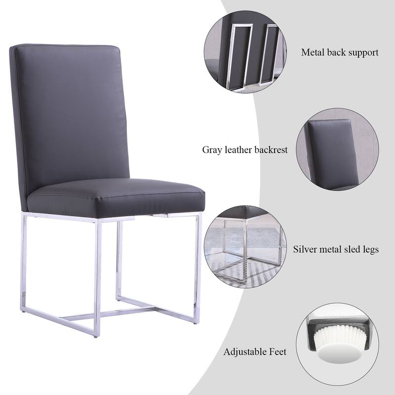 Dining Room Chairs in Grey PU Leather and Mirrored Silver Metal Legs