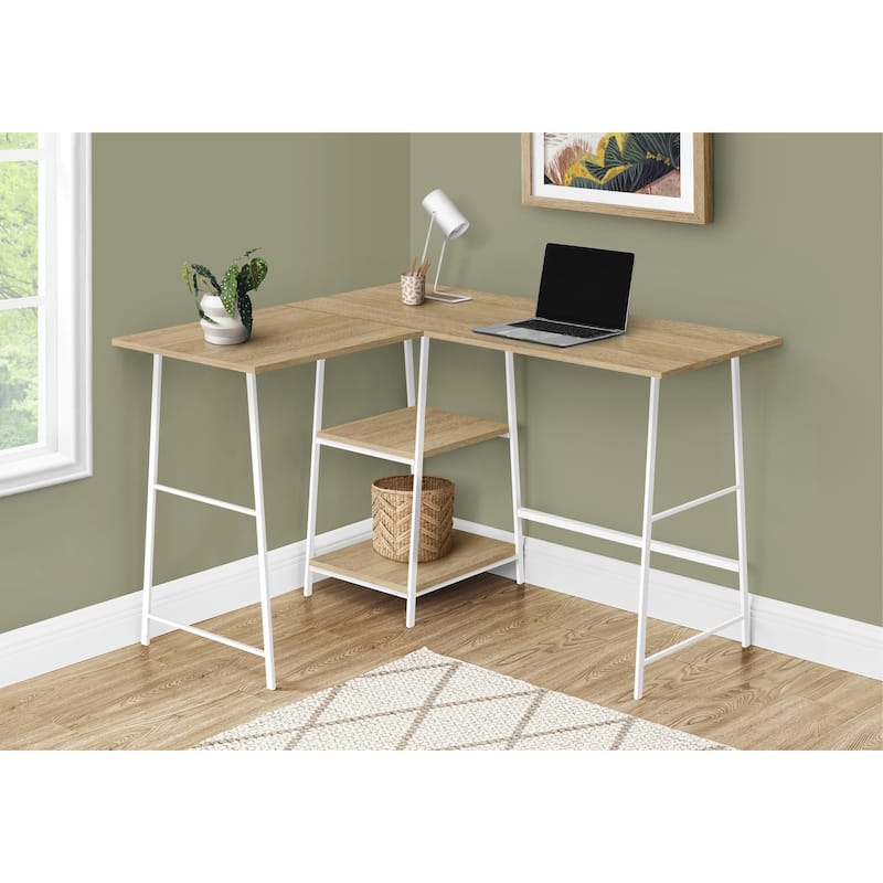 Computer Desk, Home Office, Corner, Storage Shelves - Natural