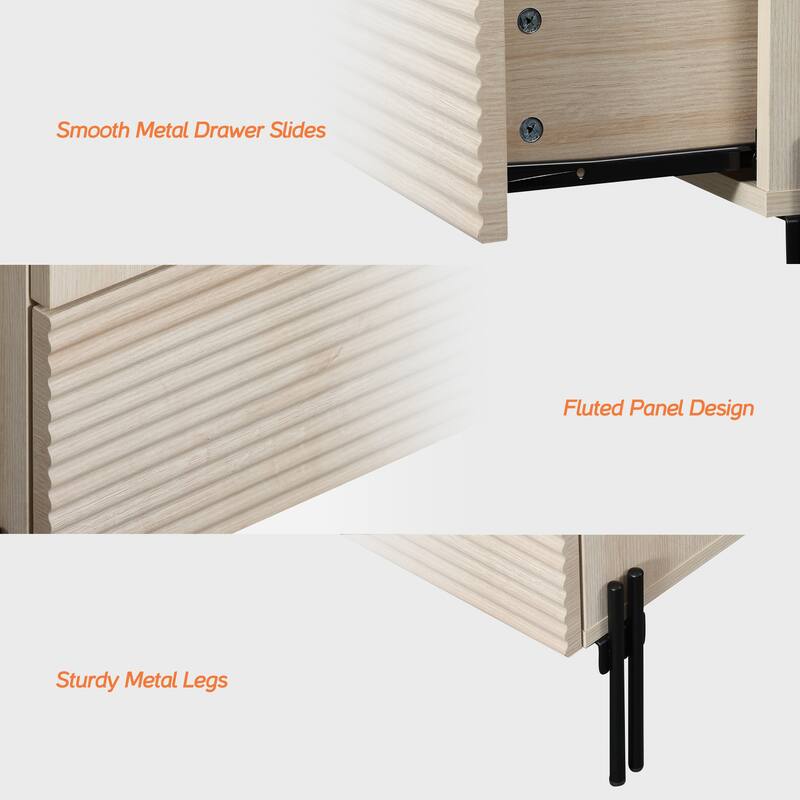 WAMPAT Fluted Nightstand with Charging Station,Modern Side Table with 2 Drawers