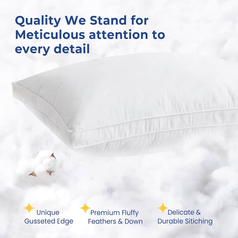 Set of 2 Premium Goose Feather Down Bed Pillows with Cotton Cover - White