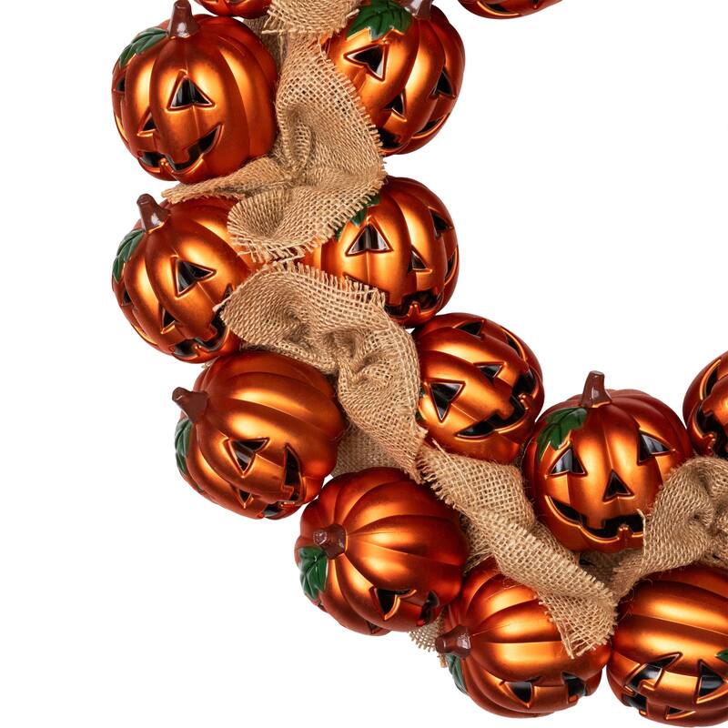 Jack-O-Lanterns with Burlap Ribbon Artificial Halloween Wreath - 20" - Unlit