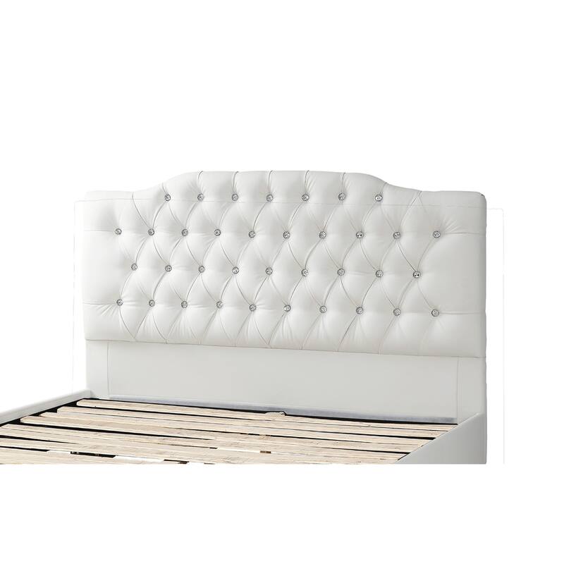 Full Size Bed, Tufted Curved, White Faux Leather Upholstered Pine Wood