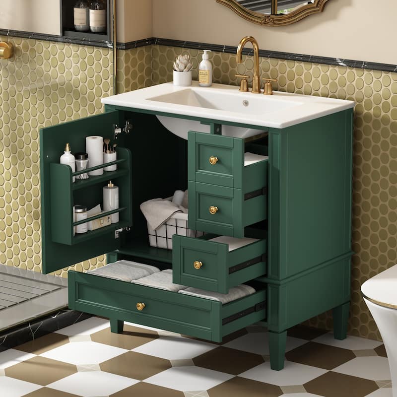 30" Bathroom Vanity with Ceramic Sink - Solid Wood Frame with 3 Drawers, Modern Bathroom Storage Cabinet