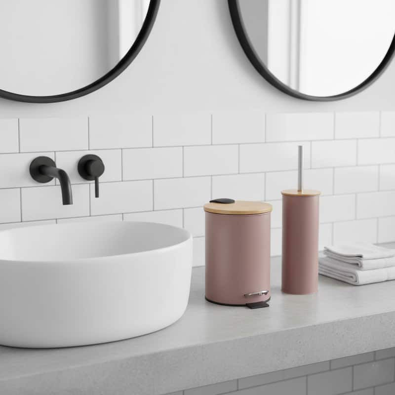 Bathroom Set with Bamboo Lid - Matte Metal Trash Can and Toilet Brush - 15.6" H x 11" L x 11" W