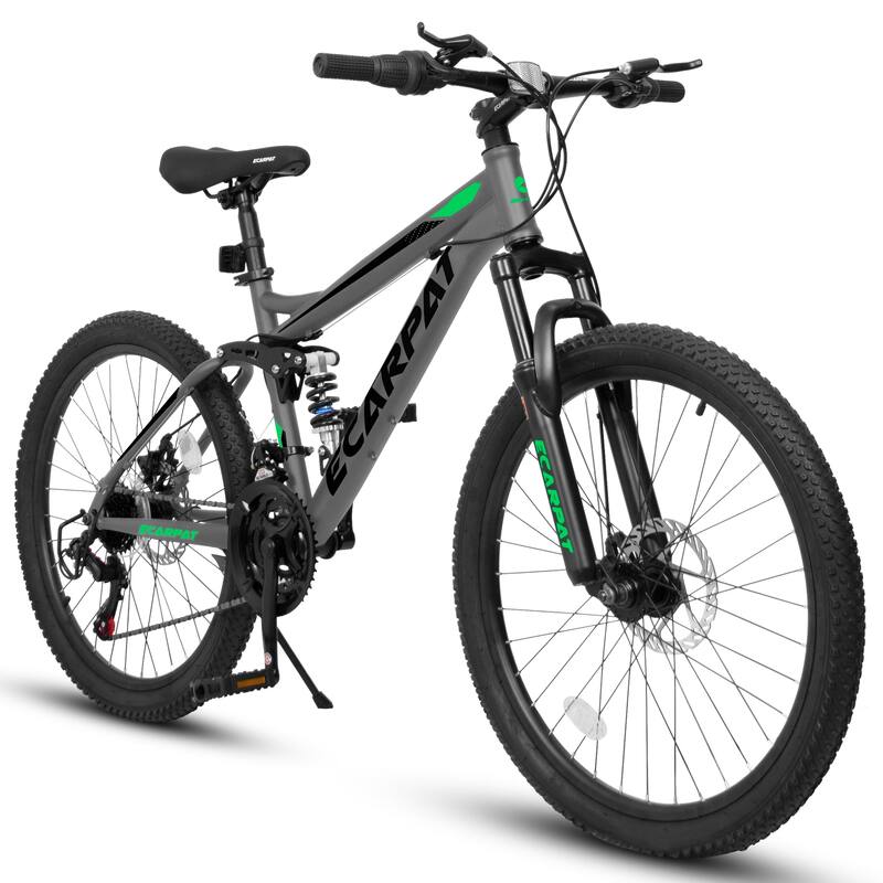 Mountain Bike w/Full Suspension, City Road Bicycle, High Carbon Steel Frame with 21 Speed Grip Shifters & Mechanical Disc Brakes - Grey