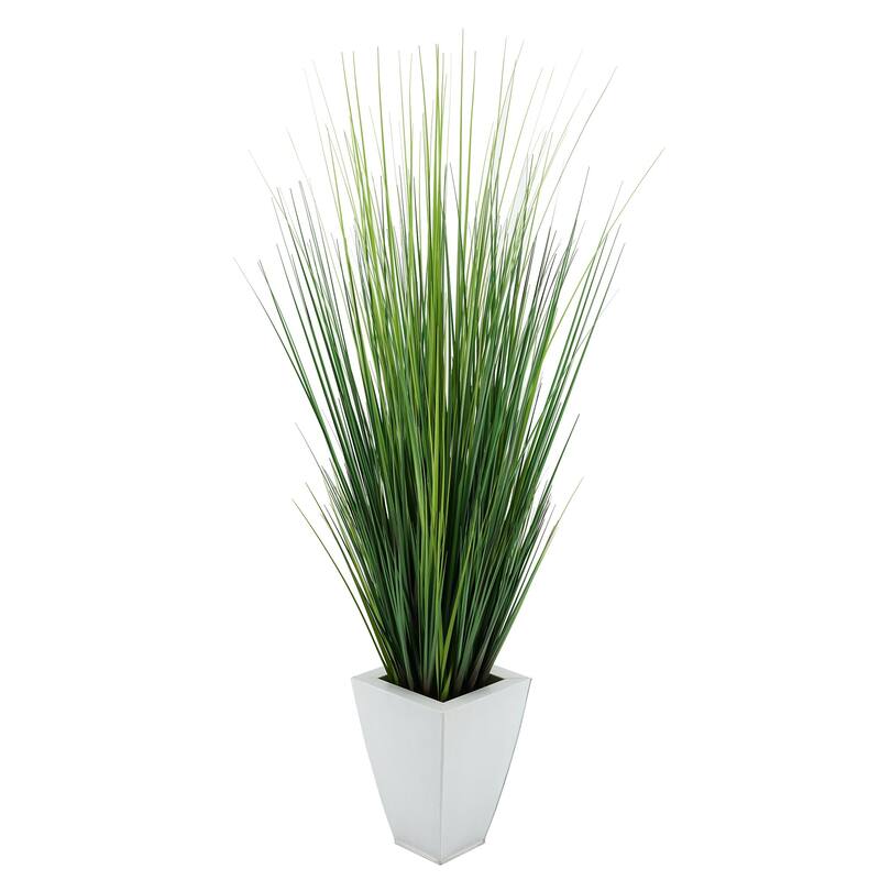 Faux PVC Grass in Tapered Square Zinc Planter