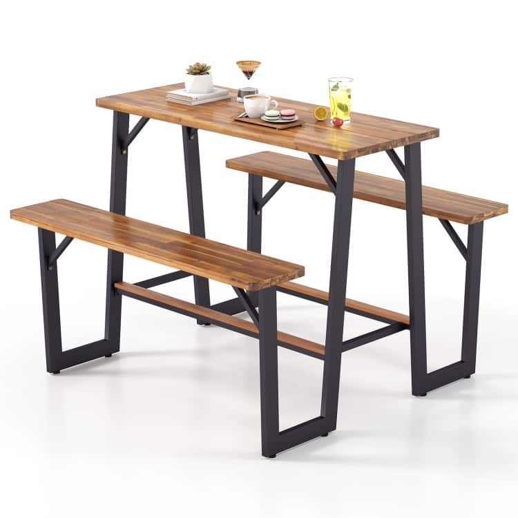 Natural Black Acacia Wood Outdoor Picnic Table with Metal Frame and Benches - 53" × 49.5" × 39.5"
