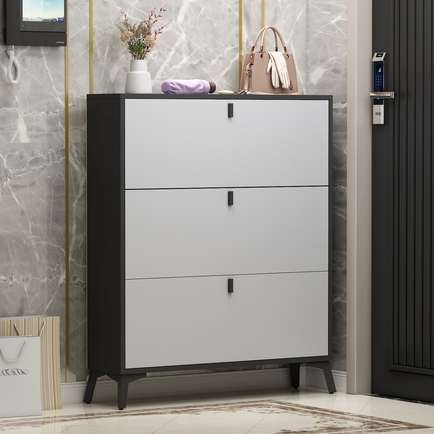 FUFU&GAGA 47.2-in H 3 Tier 18 Pair Grey Composite Shoe Cabinet