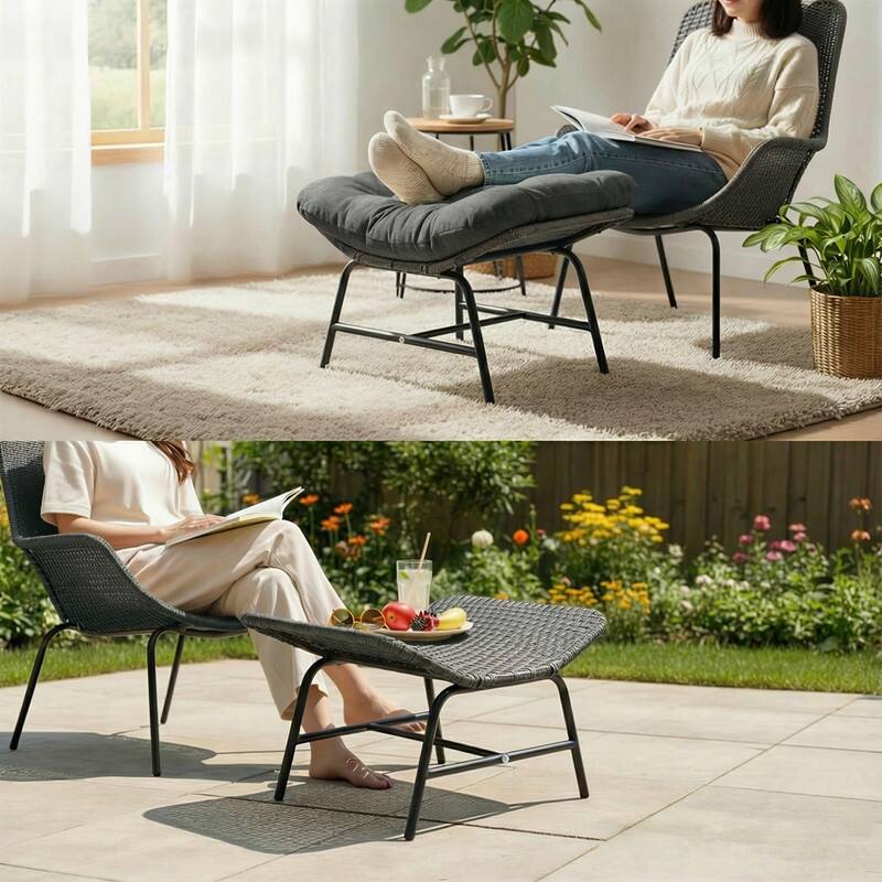 2-Piece Outdoor Wicker Ottomans with Cushions, Weather-Resistant Boho Patio Rattan Footrests for Garden, Porch, and Balcony