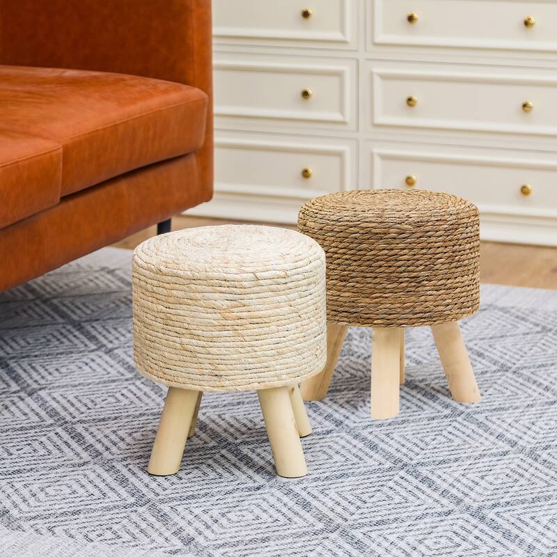 Adeco Set of 2 Ottomans Natural Cattail Hand Weave Round Foot Stool - Beige&Natural