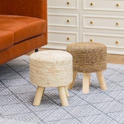 Adeco Set of 2 Ottomans Natural Cattail Hand Weave Round Foot Stool