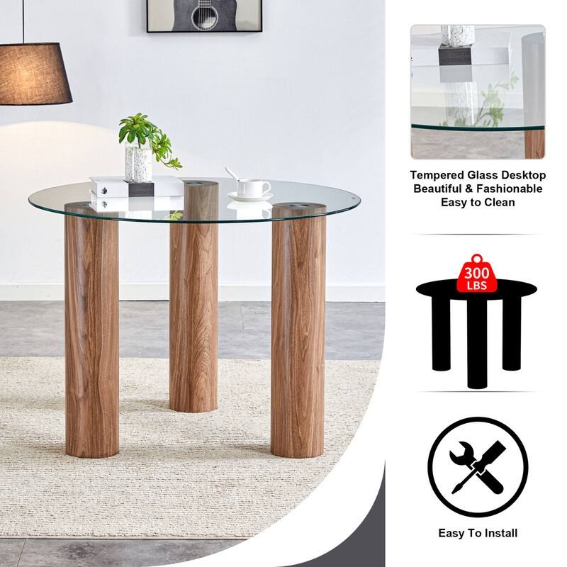 Round Tempered Glass Coffee Table with Wooden Legs