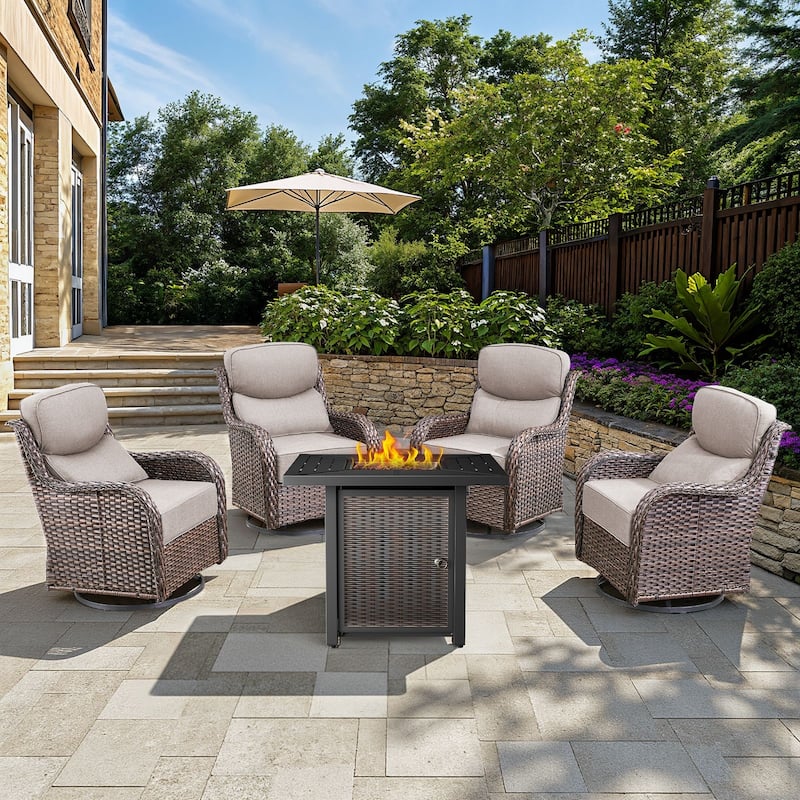 Arcadia 5-Piece Wicker Patio Set with 4 Swivel Glider Chairs and Square All-Iron Fire Pit - Beige Cushions - Brown Wicker