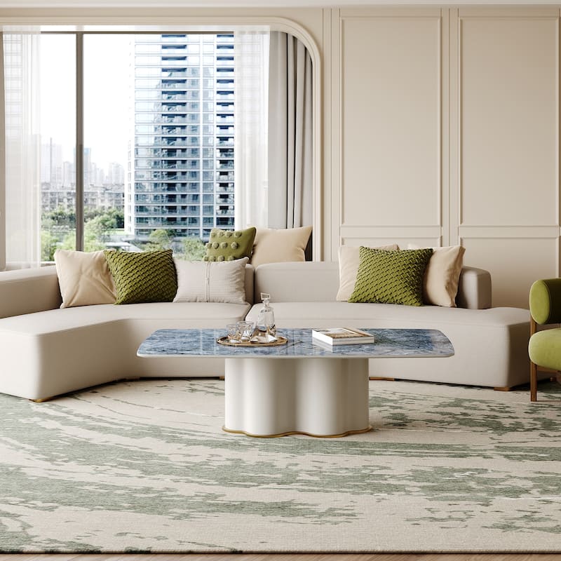 51" Modern Retangular Coffee Table, Blue Glossy Sintered Stone Table top