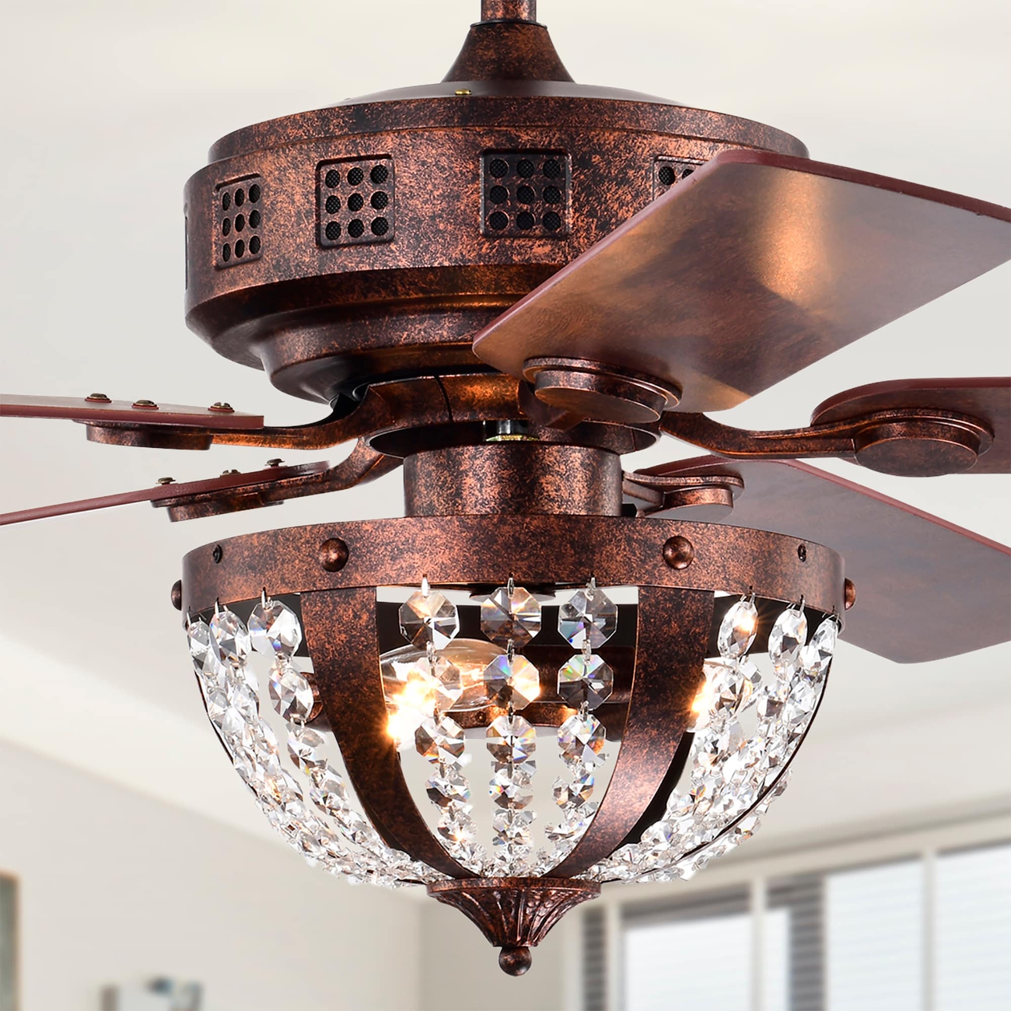 Warehouse of Tiffany Chandler 52 Inch Antique Copper Finish Crystal Ceiling Fan with Remote