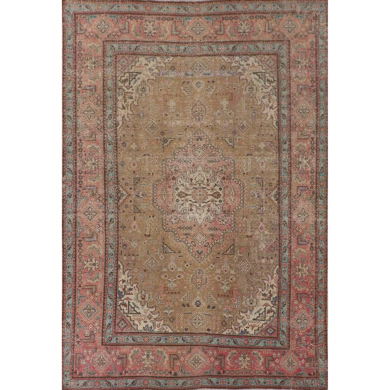 Distressed Gold Tabriz Persian Vintage Rug Handmade Wool Carpet - 8'3"x 10'8"