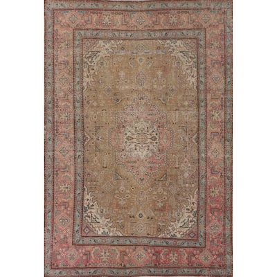 Distressed Gold Tabriz Persian Vintage Rug Handmade Wool Carpet - 8'3"x 10'8"
