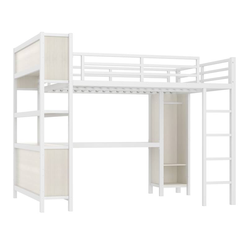 Queen Size Metal Loft Bed with Wardrobe, L-shaped Desk, and Storage, White Wood-grain