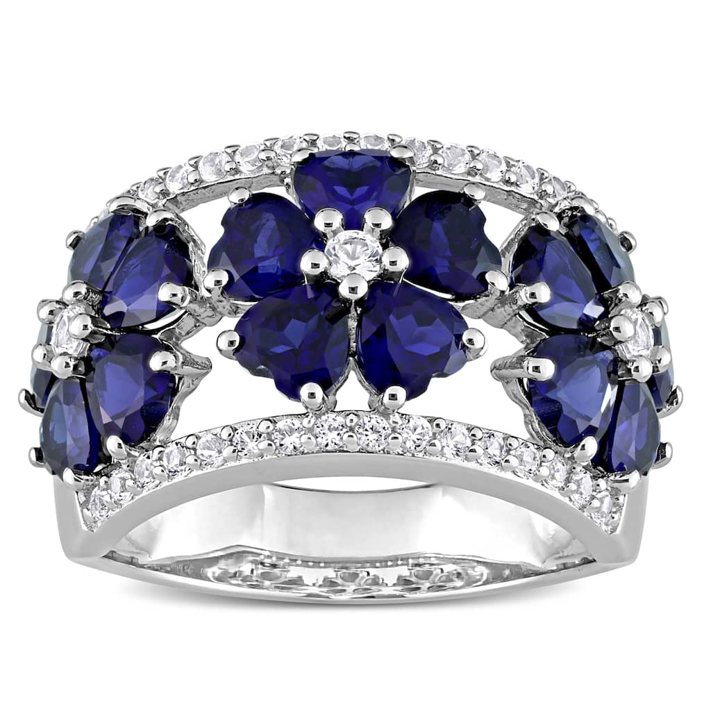 Miadora Heart-cut Created Blue & White Sapphire Triple Floral Cocktail Ring in Sterling Silver