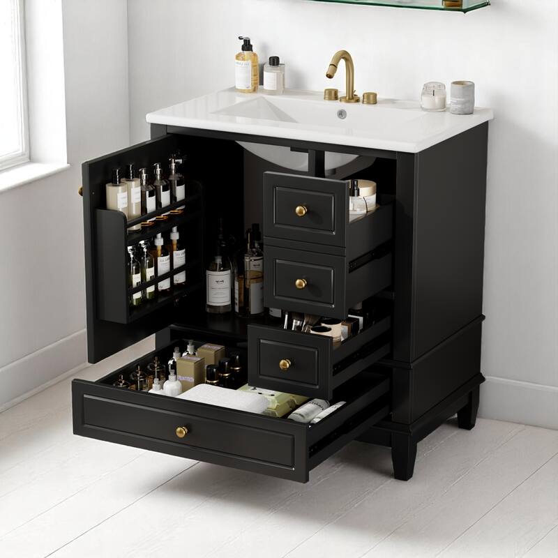 30" Freestanding Bathroom Vanity with Sink, One Door Cabinet and 3 Drawers, Solid Wood Frame & MDF Board