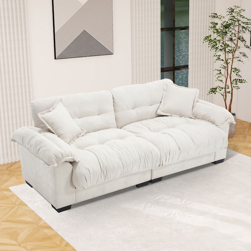 91" Modern Chenille Sofa Tufted Upholstered Couch with Two Throw Pillows for Living Room, Office, Living Room
