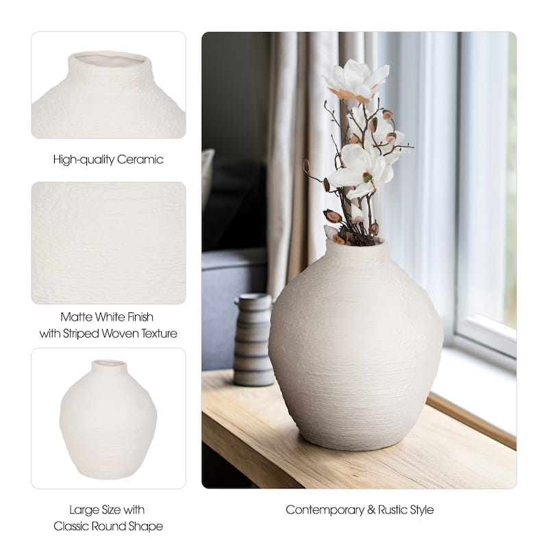 Sagebrook Home Woven Textured Vase, White, Round, Solid Color, Tranquil Waters Decorative Item