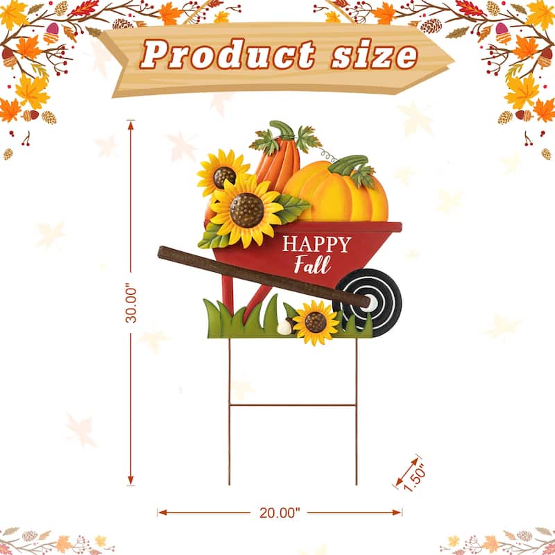 Glitzhome 30"H Fall Metal Wheelbarrow Pumpkin Welcome Barrel Yard Stake Thanksgiving Decor