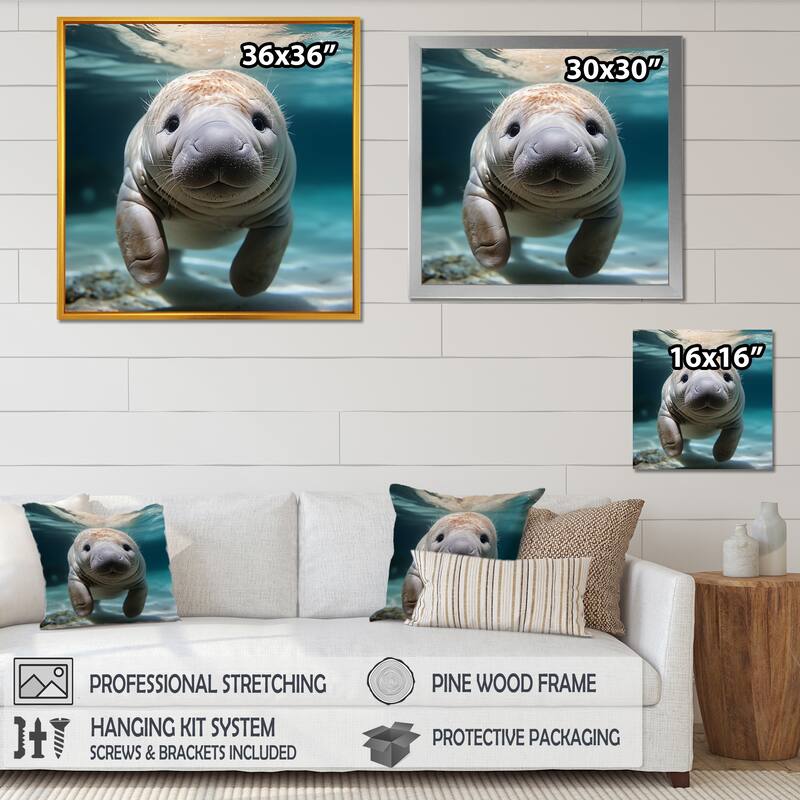 Designart "Curious Manatee Gaze III" Manatee Wall Decor Blue Modern Entryway Framed Wall Art