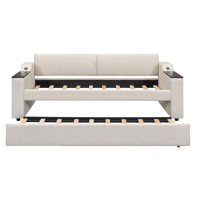Upholstered Daybed with Trundle and USB Design,Wooden Twin Size Daybed