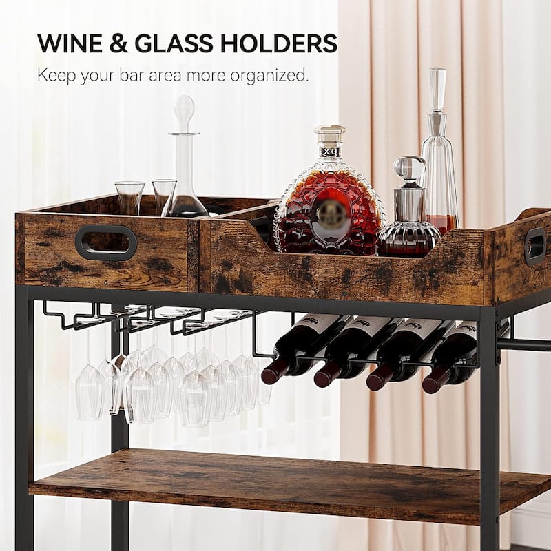 3 Tier Home Bar Serving Cart with Wine Rack and Glass Holders