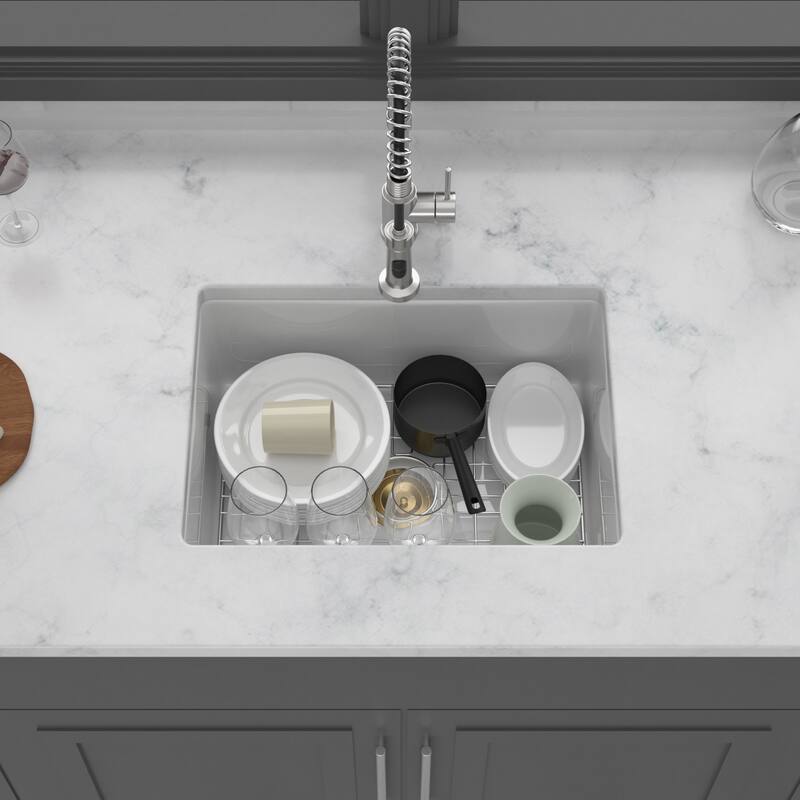 24"x18"x9" Undermount Single Bowl Porcelain Ceramic Kitchen Sink Dual Mount White Ceramic Rectangular Deep Sink Basin