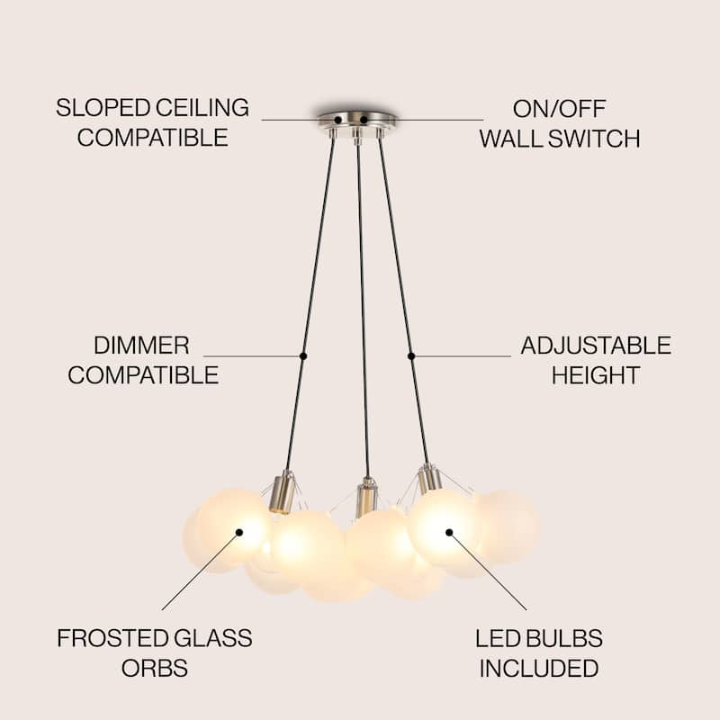Rhys 24" 3-Light Mid-Century Glam Frosted Glass Orb LED Chandelier, White/Brushed Nickel, by JONATHAN Y