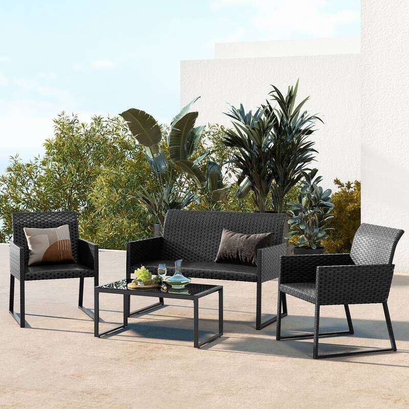 Costway 4 PCS Patio Wicker Furniture Set Outdoor Conversation with - See Details - Mix Brown - See Details